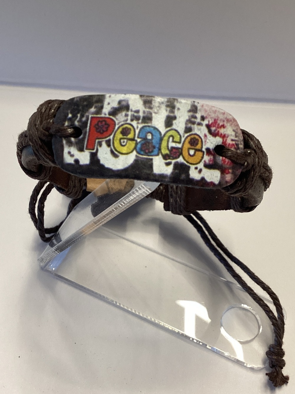 Peace Leather Bracelet in Brown with Colorful 'Peace' Plaque